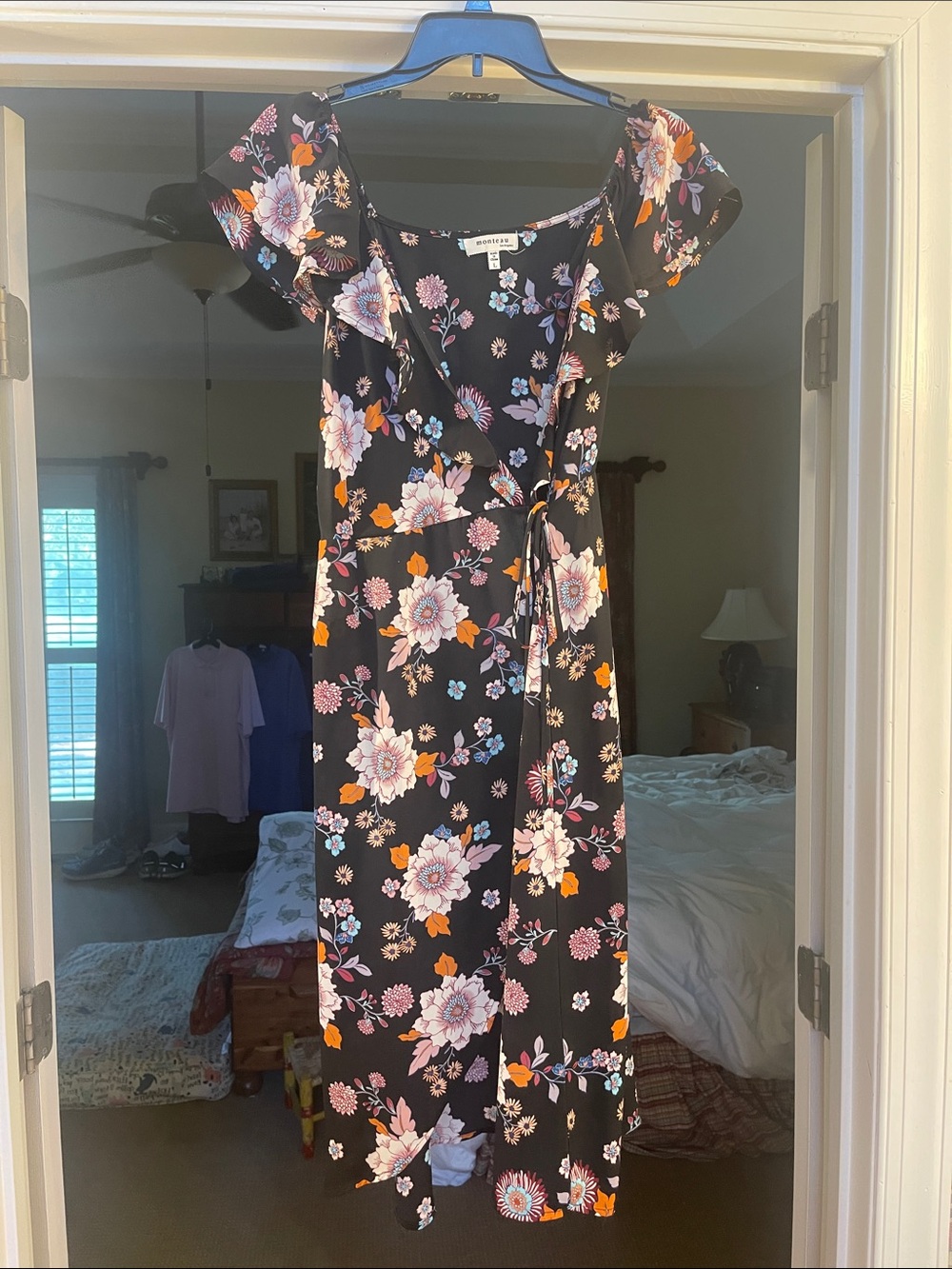 Monteau Black Floral Wrap Midi Dress with Pink & Orange Blooms